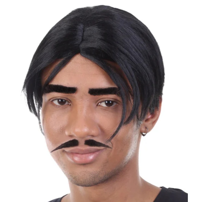 Black Wig with Moustache and Eyebrows