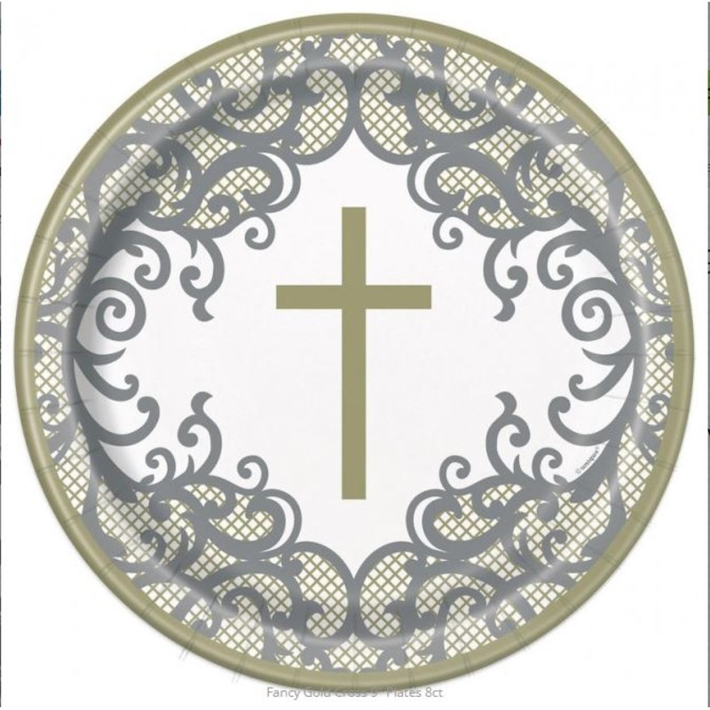 Fancy Gold Cross Paper Plates - 8 Pack