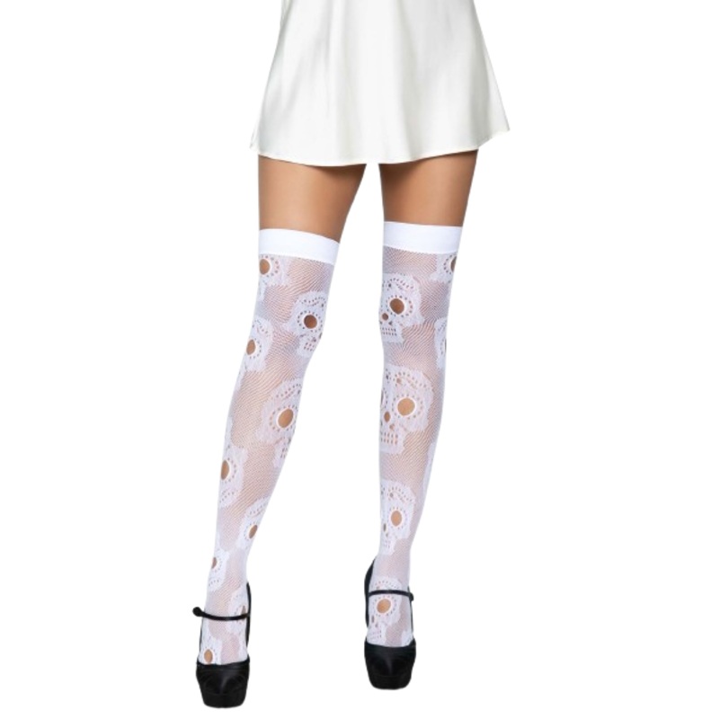 Sugar Skull Net Thigh Highs White