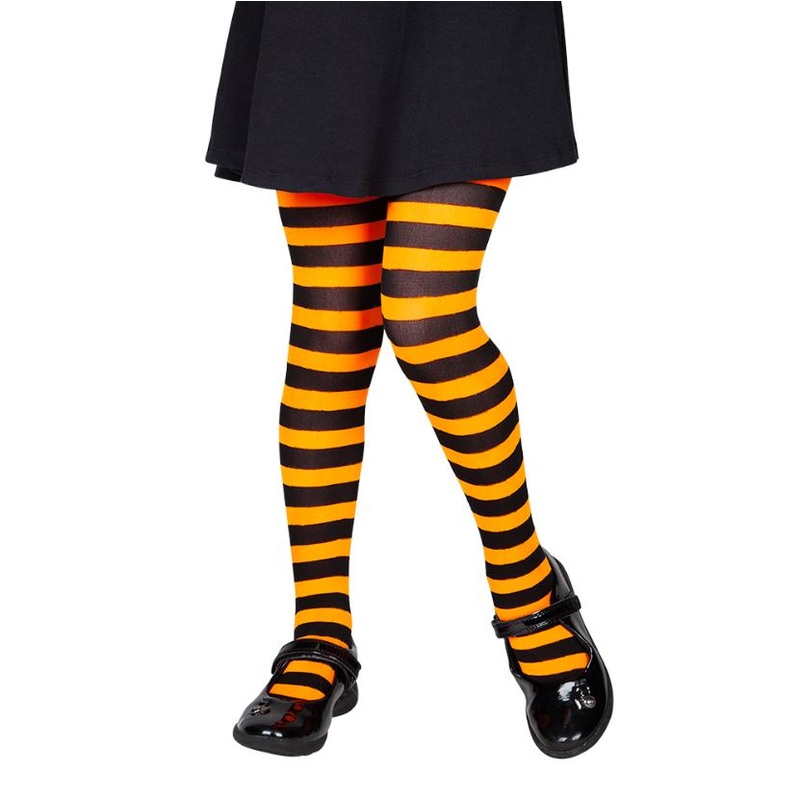 Kids Candy Stripe Tights - Orange & Black