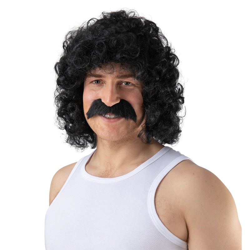 Perm Wig With Tash - Black