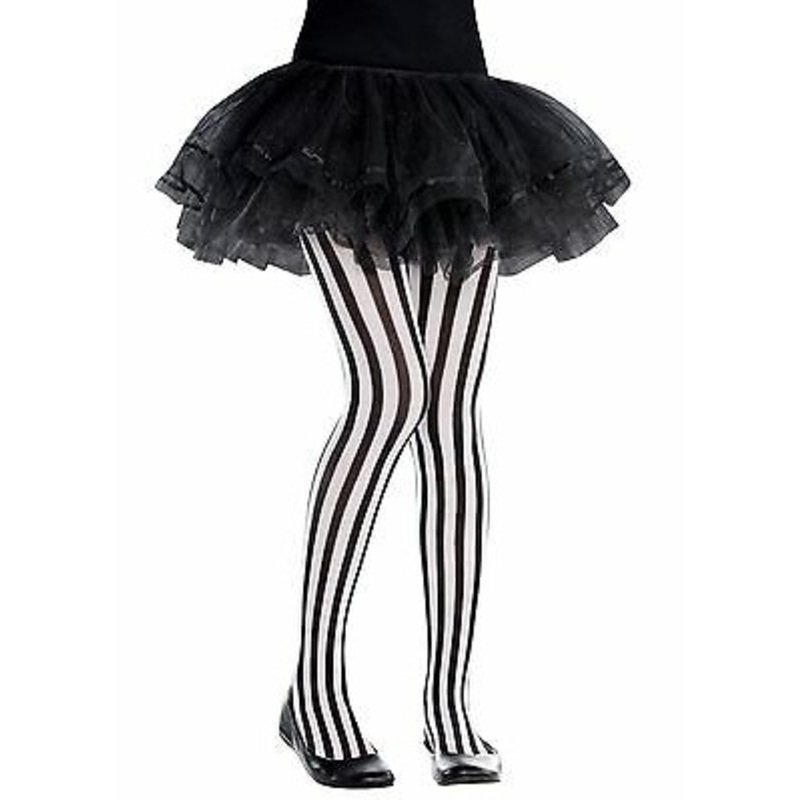 Girls Black & White Vertical Striped Tights