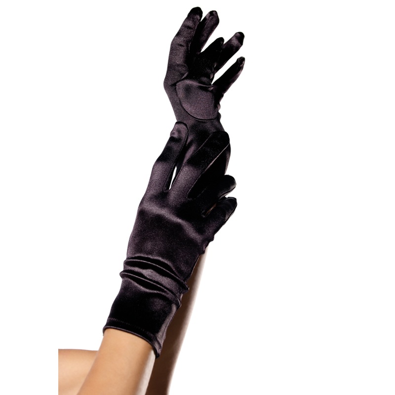 Wrist Length Satin Gloves - Black
