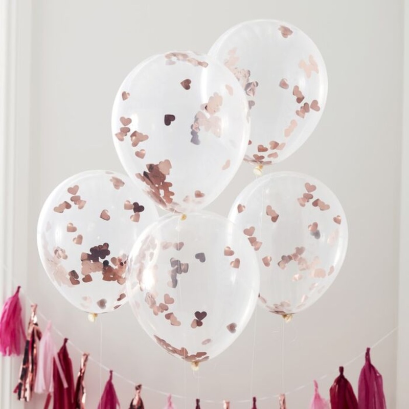 Rose Gold Heart Shaped Confetti Balloons - 5 Pack