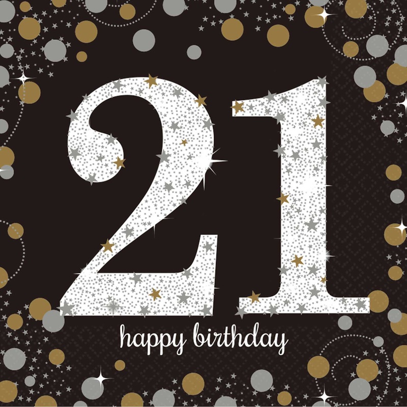 Black and Gold 21st Birthday Napkins - 16 Pack