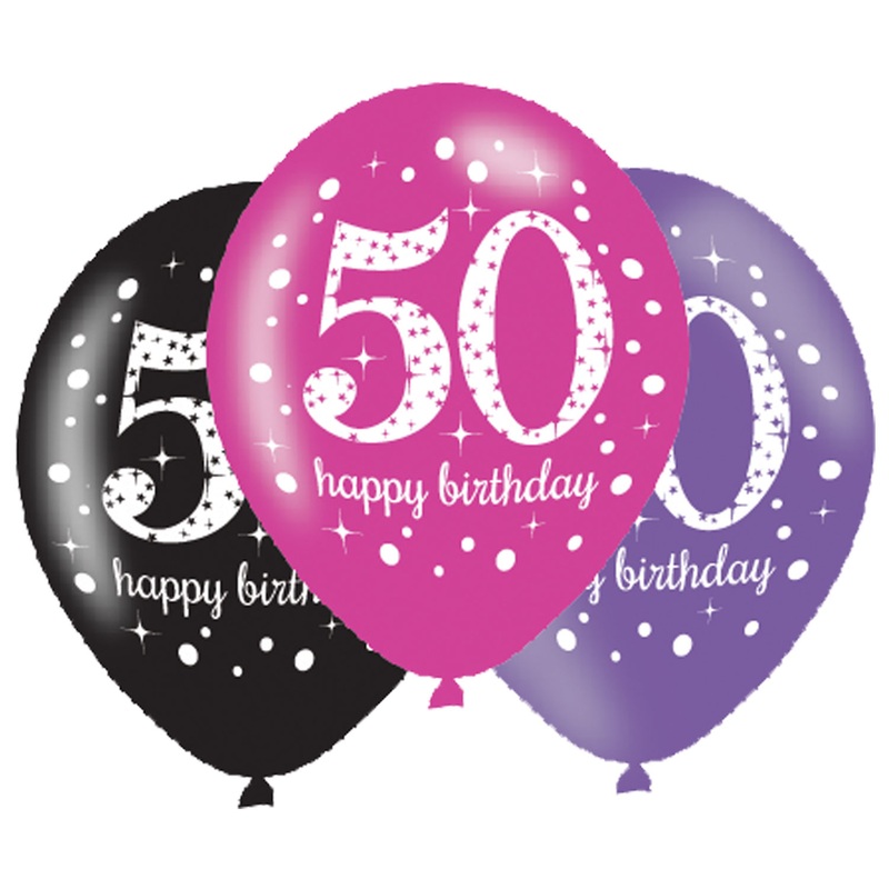 Black Pink Purple 50th Birthday Latex Balloons - 6 Pack