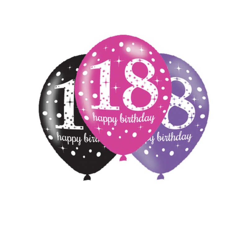 Black Pink Purple 18th Birthday Latex Balloons - 6 Pack