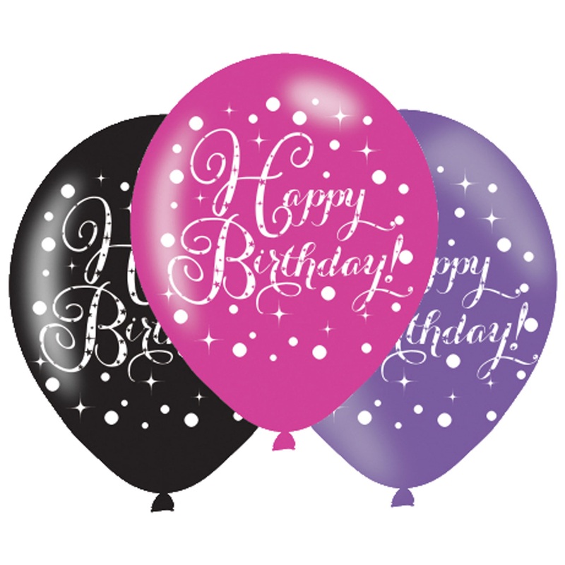 Black Pink Purple Happy Birthday Latex Balloons - 6 Pack