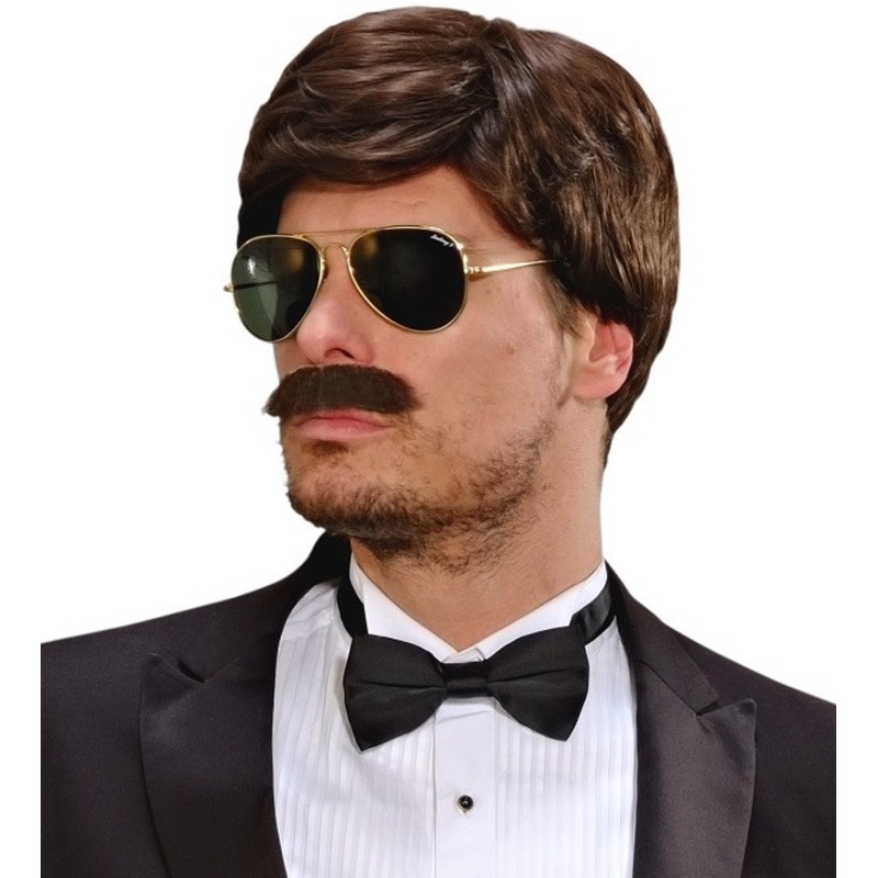 Playboy Wig & Moustache - Brown