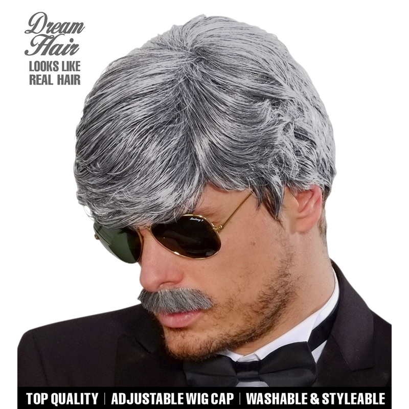 Playboy Wig & Moustache - Grey