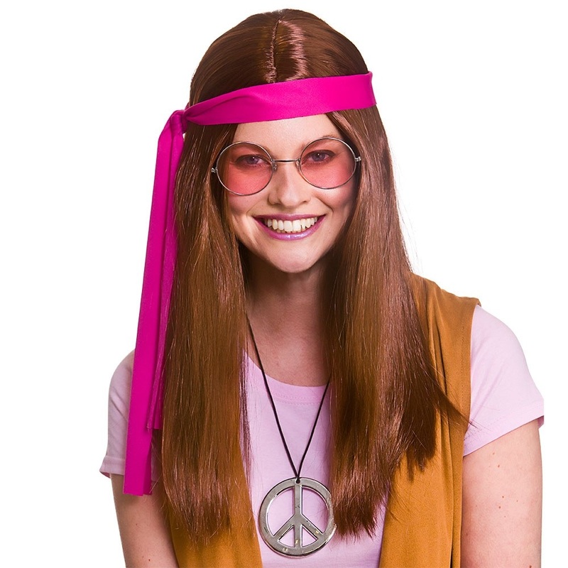 Woodstock Hippie Kit - Brown wig, glasses and medallion