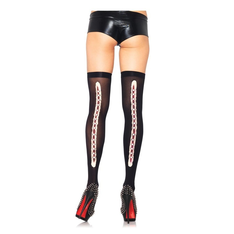 Opaque thigh highs with latex stapled wound backseam Black