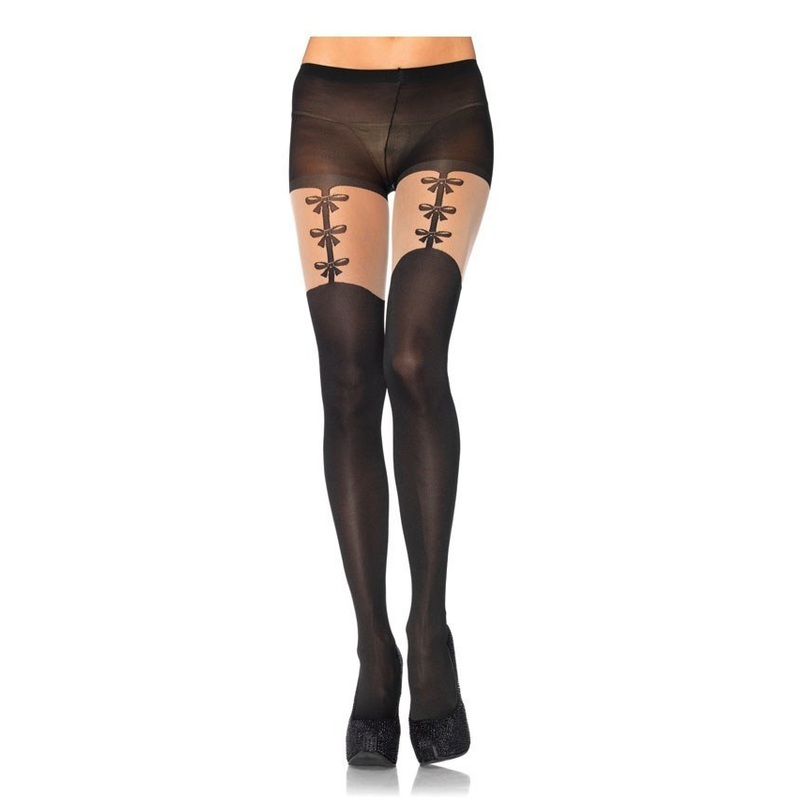 Spandex opaque pantyhose with faux woven garterbelt detail Black