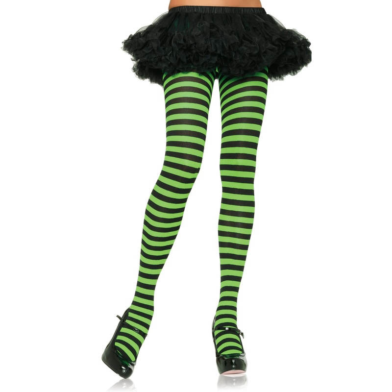 Striped Nylon Tights - Black/Lime Green