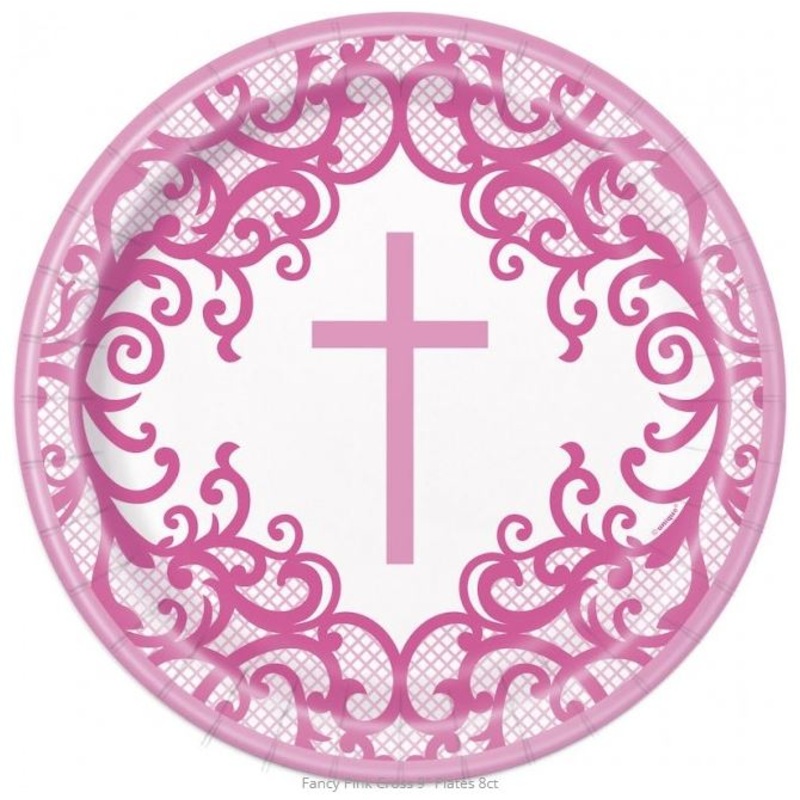 Fancy Pink Cross Pink Paper Plates - 8 Pack
