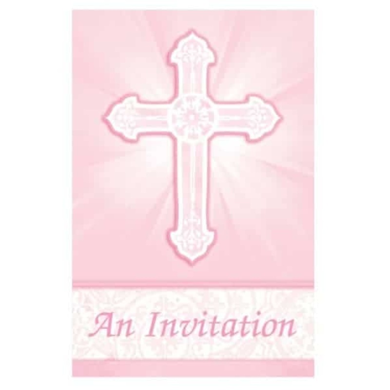 Radiant Cross Pink Folded Invitations 8 Pack