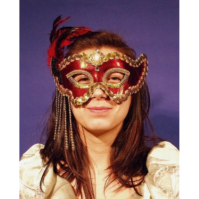 Red Satin Eye Mask with Feathers