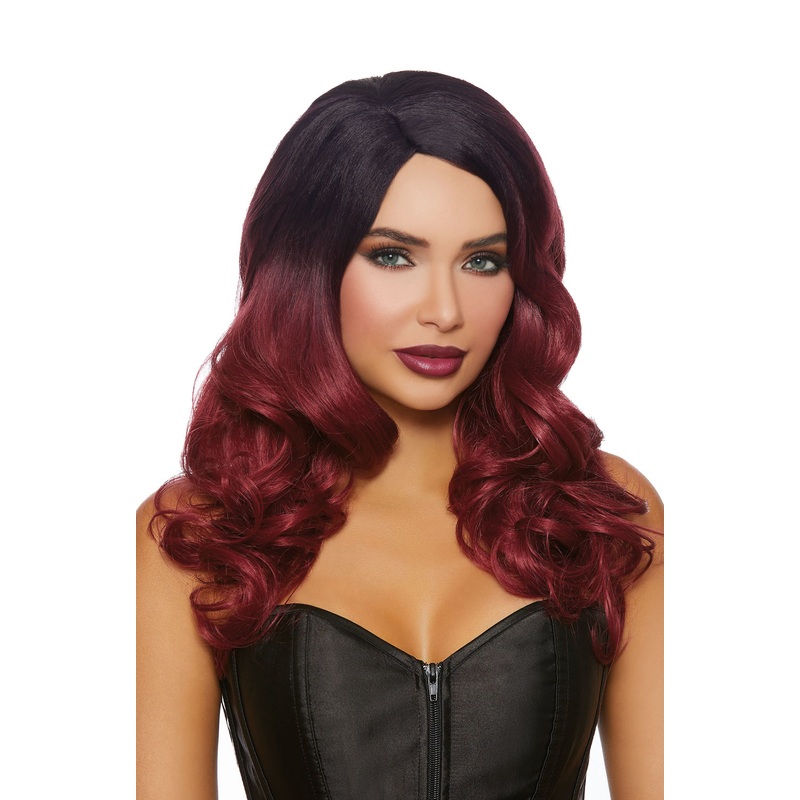 Long Wavy Ombre Wig (Black/Burgundy) Standard