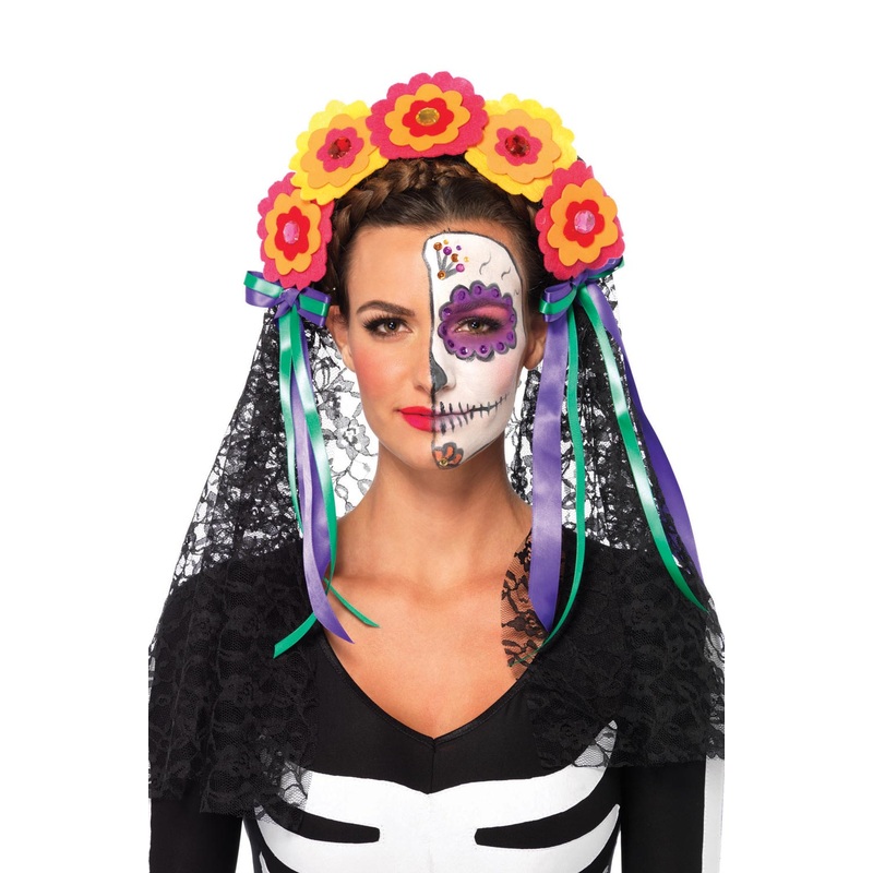 Day of the Dead Flower Headband with Lace Veil Standard