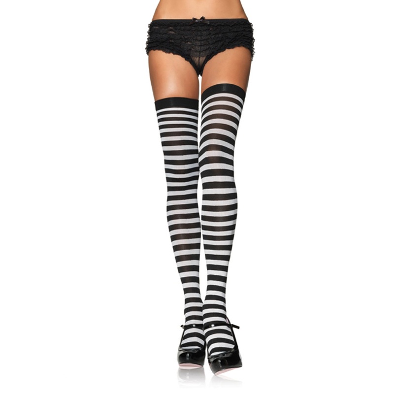 Nylon Thigh High Stockings with Stripe Black/Orange