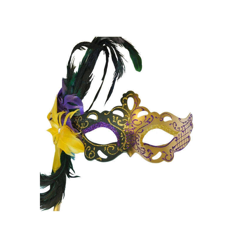 Flirty Feathers Mardi Gras Stick Mask (Green)