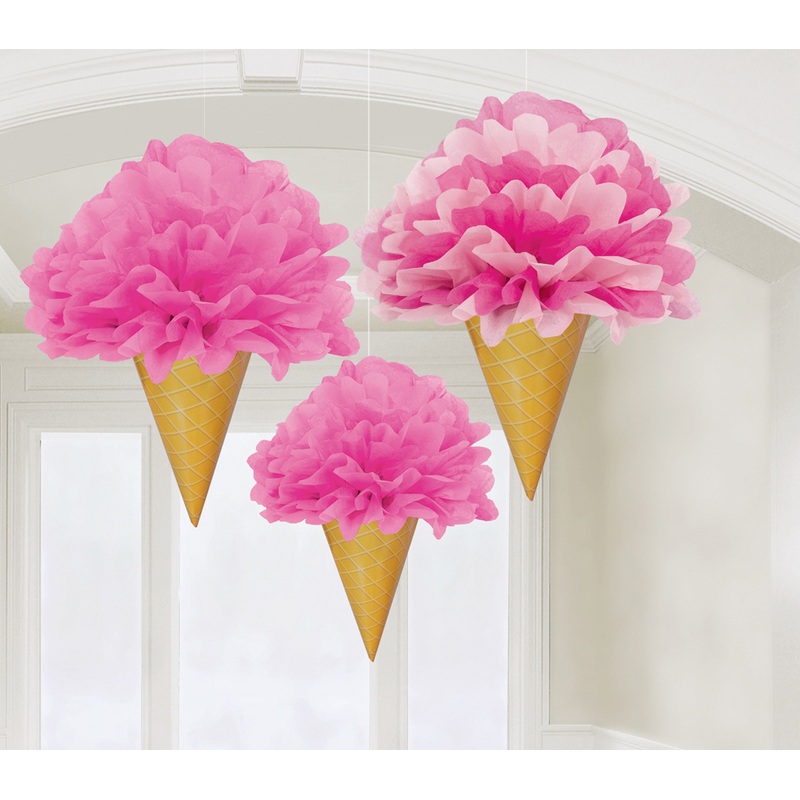 3 strawberry ice cream pompoms 30cm