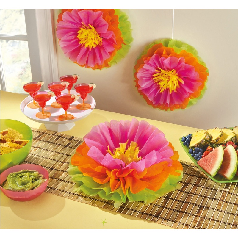3 tropical hibiscus pompoms 40cm