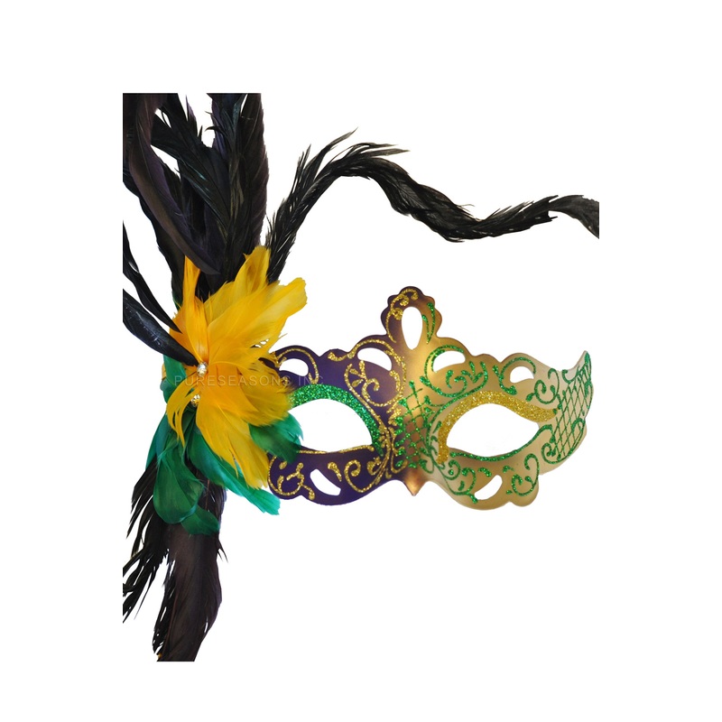 Flirty Feathers Mardi Gras Stick Mask (Purple)