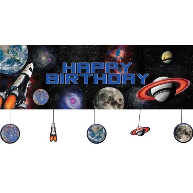 Space party happy birthday banner with tags 1.5m