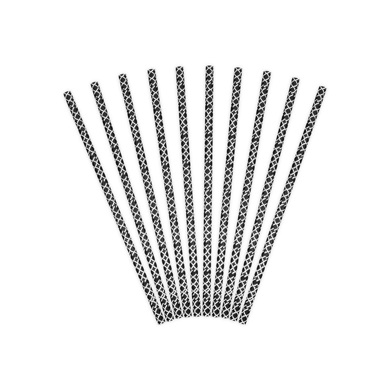 10 patterned paper straws black 19.5cm