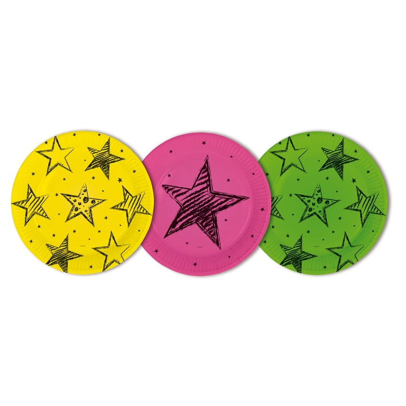 6 Neon Star paper plates 23cm