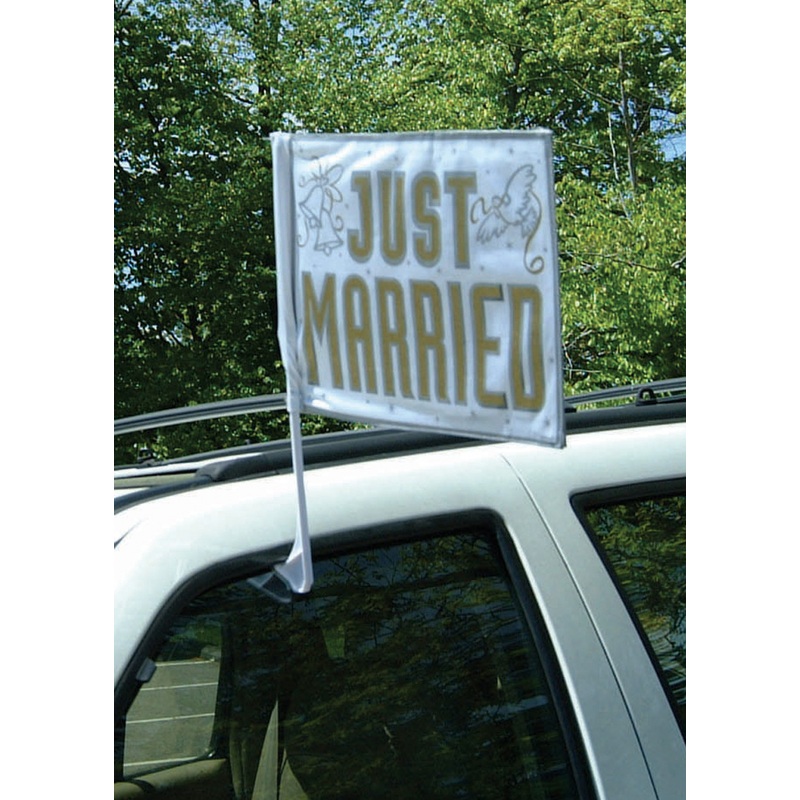 Romantic Just Married Car Flag White-Gold