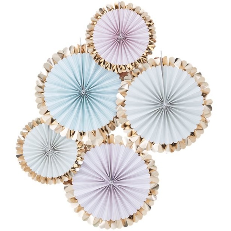 5 pastel colored decorative rosettes gold metallic