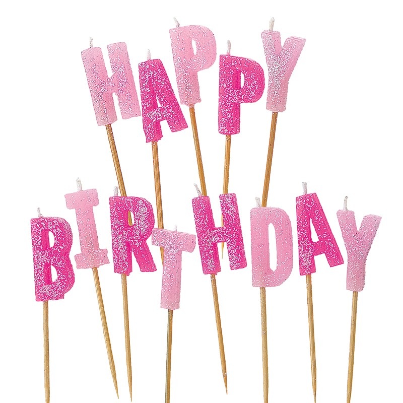 Glittering Happy Birthday cake candle pink