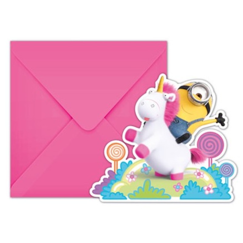 6 Minions invitation cards unicorn love