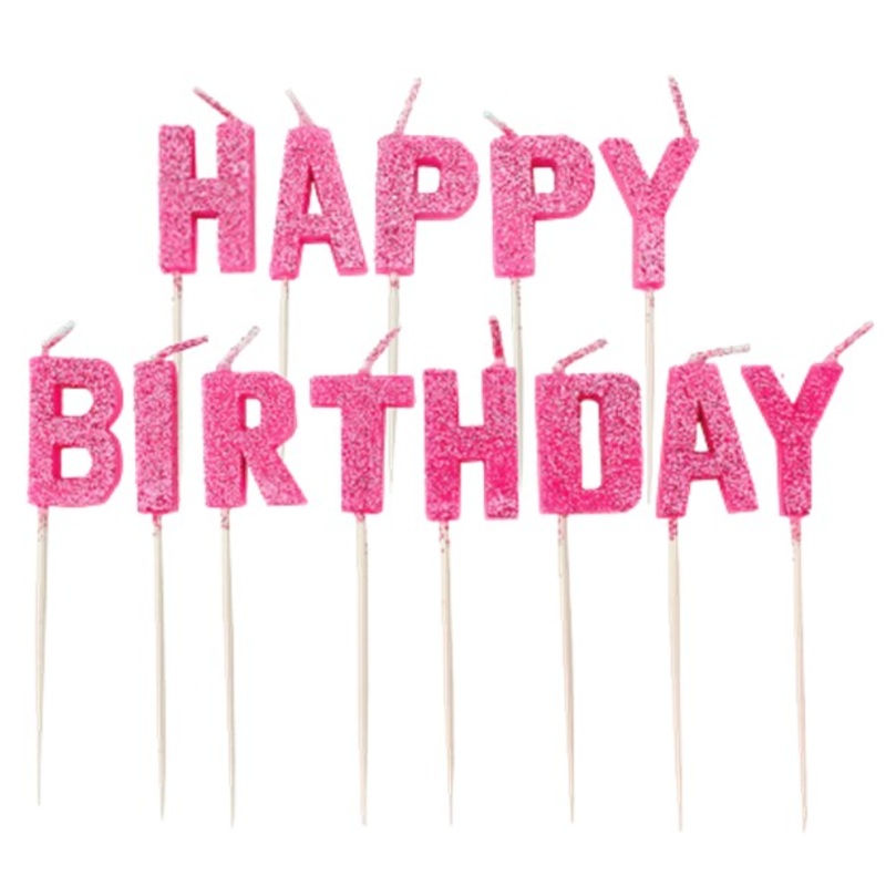 Happy Birthday glittering cake candles pink 13 pieces