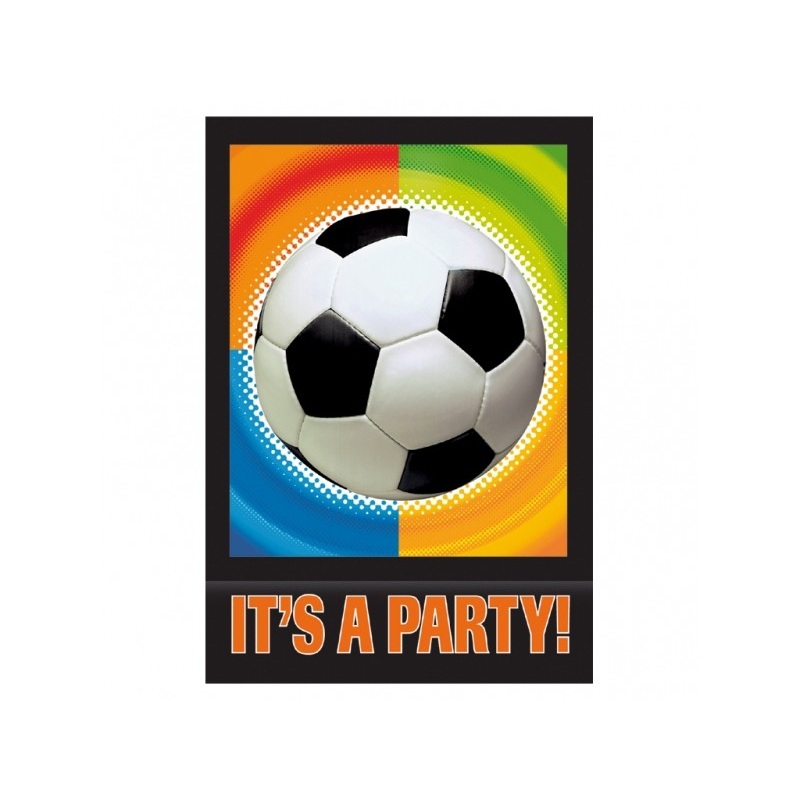 8 colorful soccer invitation cards in a set