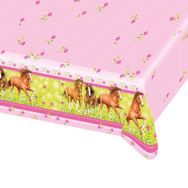 Horse Tablecloth Pink with delicate Flowers 120 x 180cm