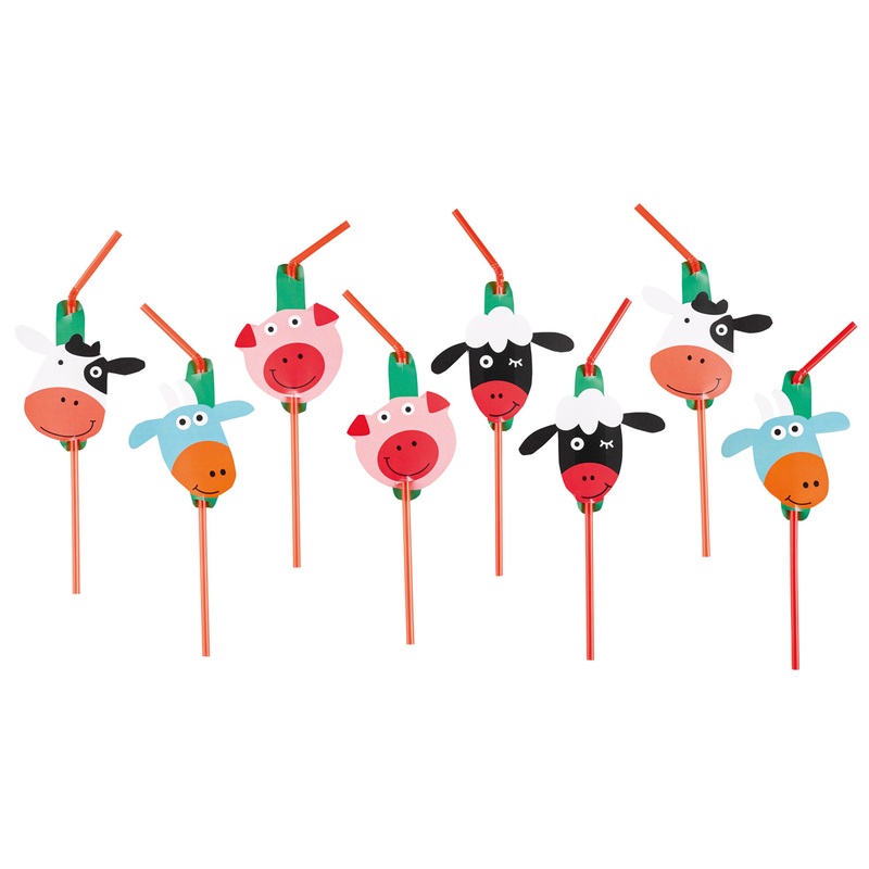 8 lovable farm animals straws 24cm