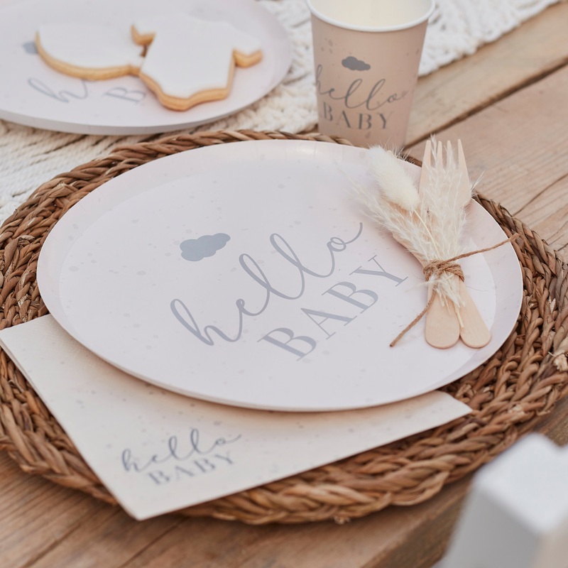 8 Hello Baby party plates cream-grey 25cm
