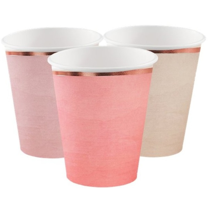 8 pastel paper cups with rose gold rim 260ml