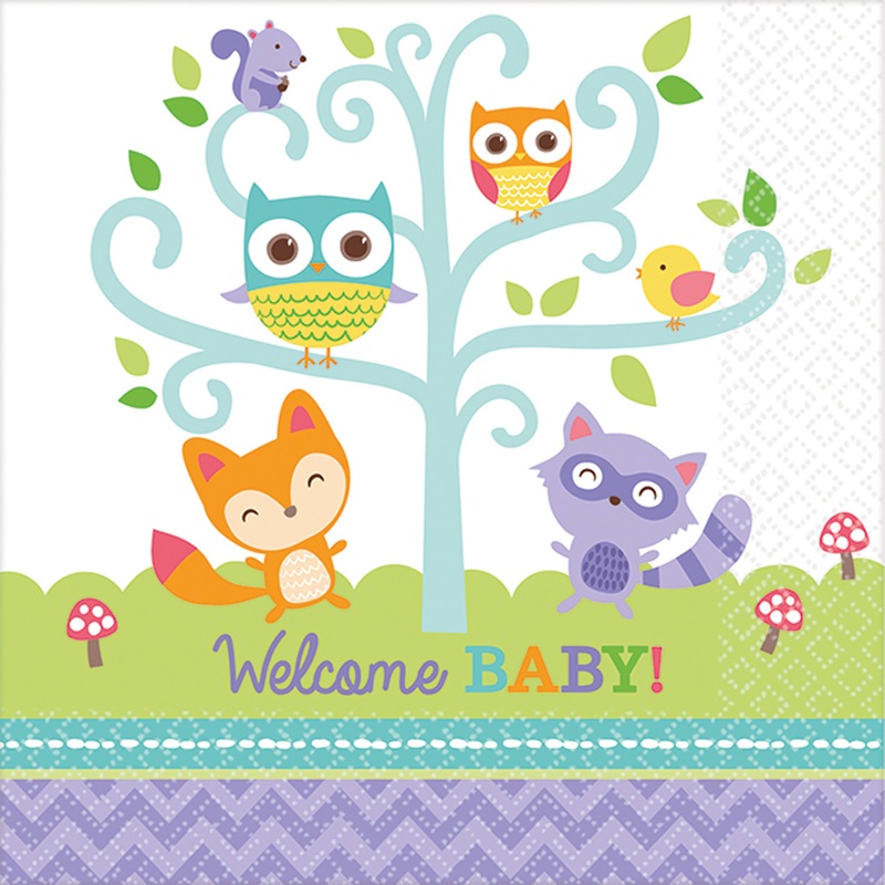 Set of 16 Welcome Baby Napkins Lovable forest animals
