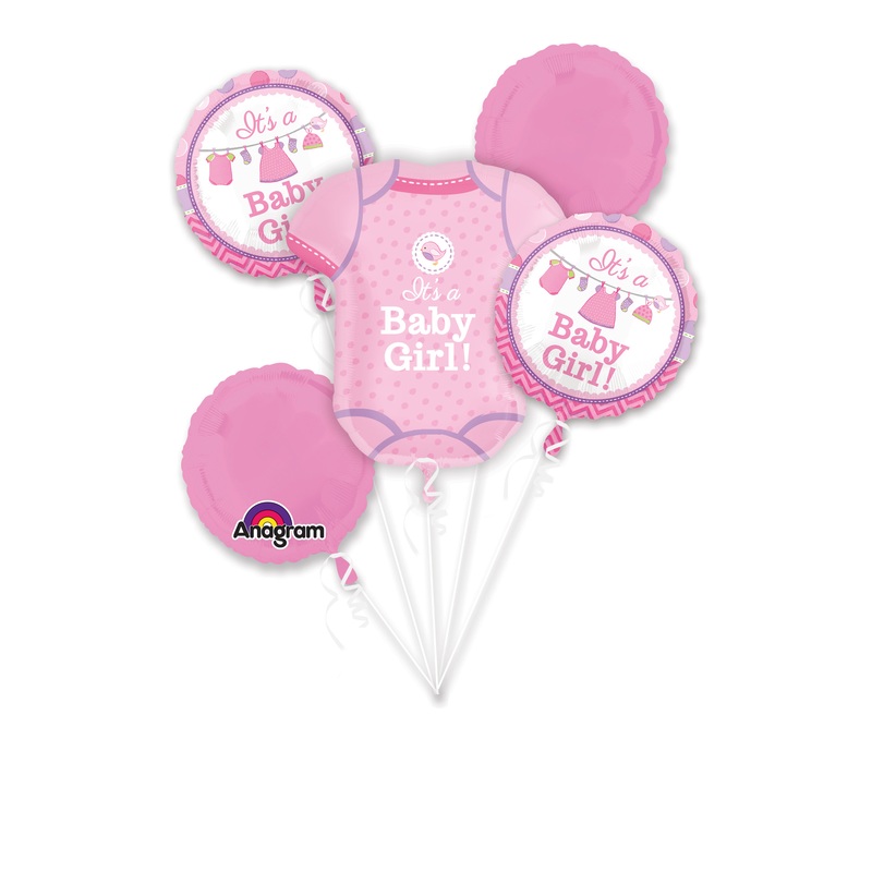 5 foil balloons in a pink baby shower design