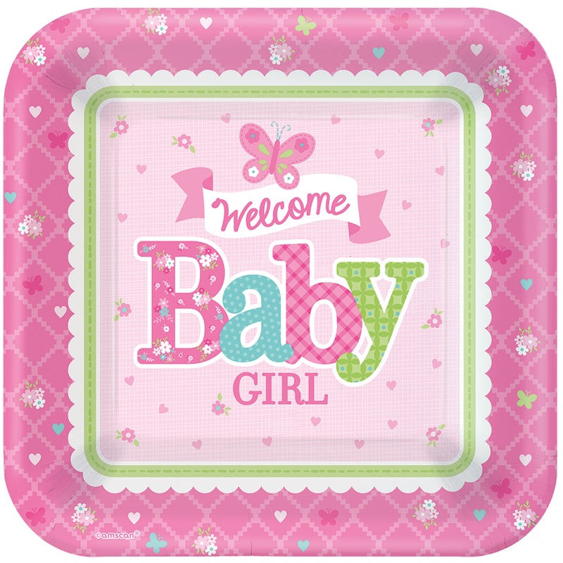 8 Welcome Baby Girl paper plates 18cm