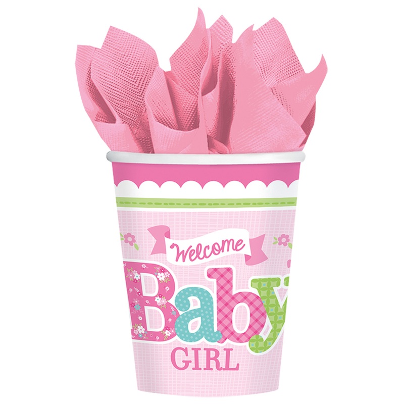 8 Welcome Baby Girl paper cups 267ml