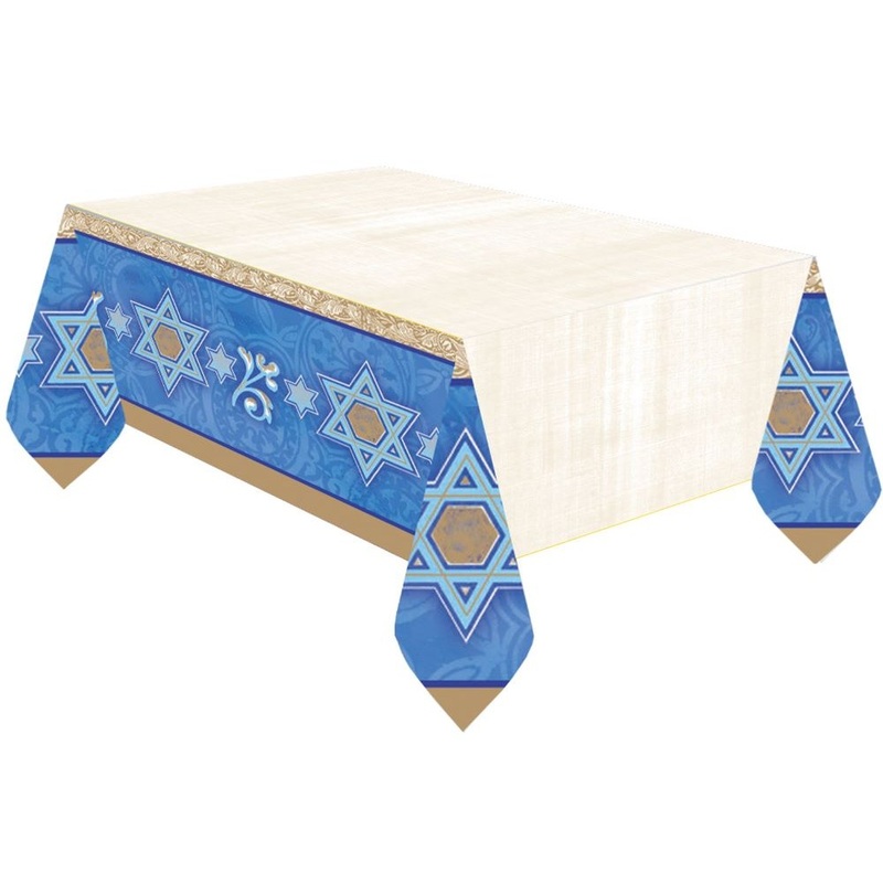 Blue and gold tablecloth Happy Hanukkah