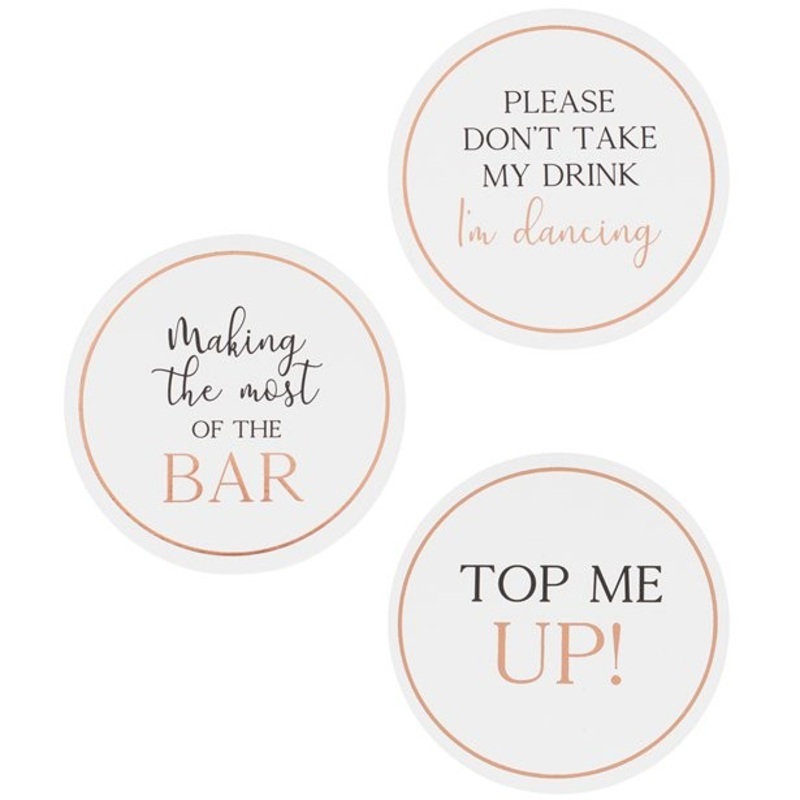 12 labeled glass coasters