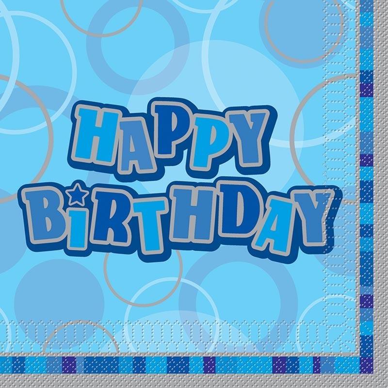 16 Happy Blue Sparkling Birthday napkins 33cm