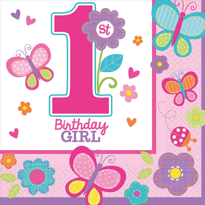 Birthday Girl 1st birthday napkin colorful butterflies 16 pieces