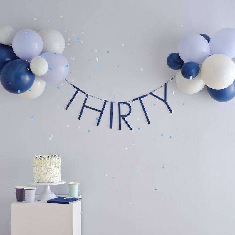 Blue number 30 garland with balloons
